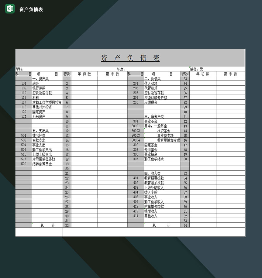 全新企业资产负债项目明细登记表格Excel模板-1