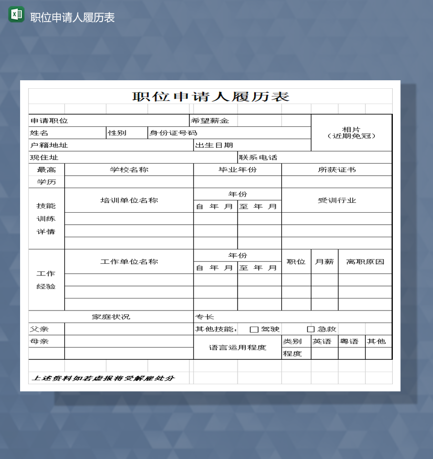 公司求职职位申请资料履历报表Excel模板-1