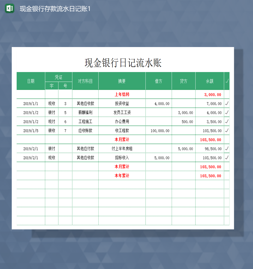 公司财务报表资金变动现金日记账表Excel模板-1