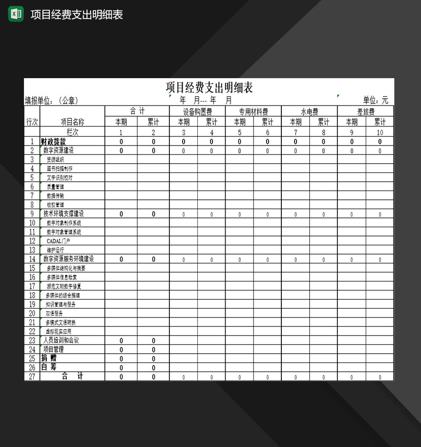 公司项目经费支出明细登记表Excel模板-1