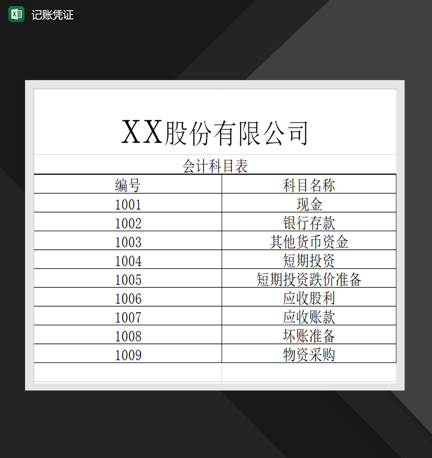 记账凭证会计科目表Excel模板-1