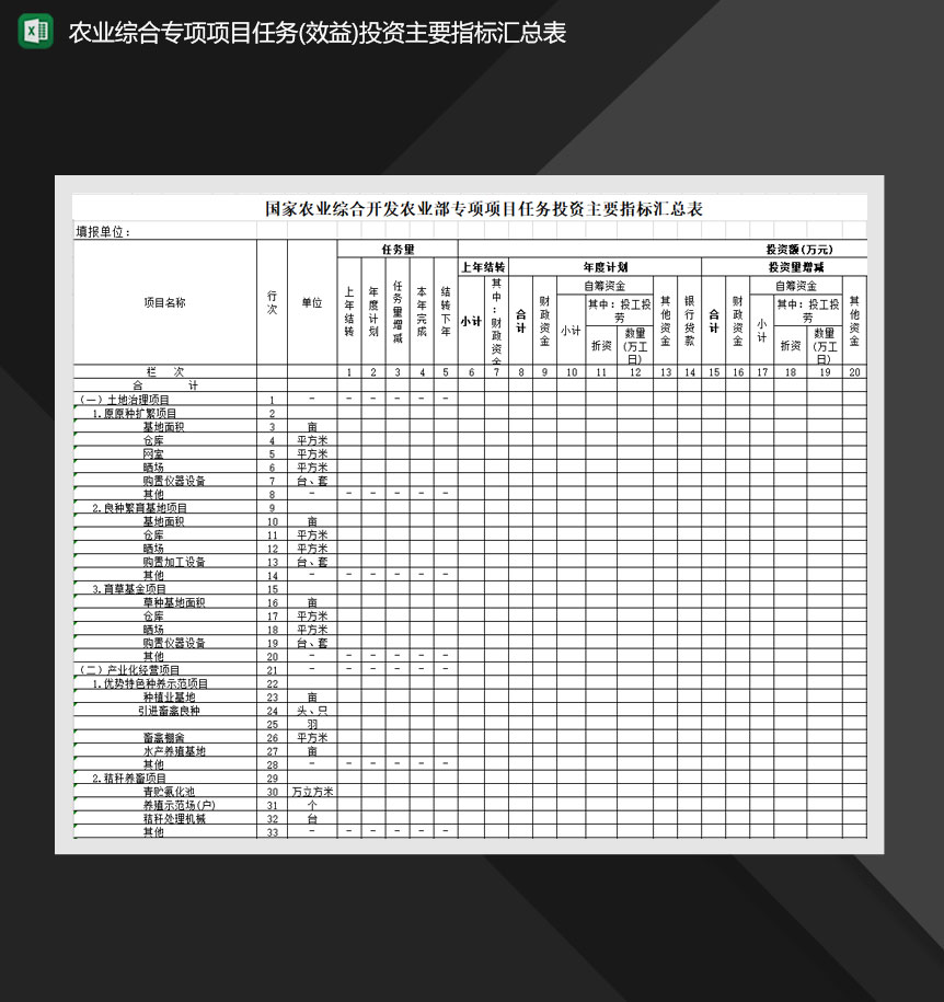 农业综合专项项目任务效益投资主要指标汇总表Excel模板-1