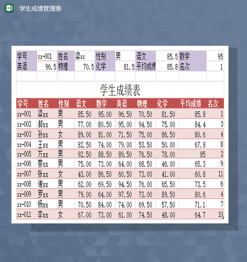 初中学生成绩统计管理报表Excel模板-1