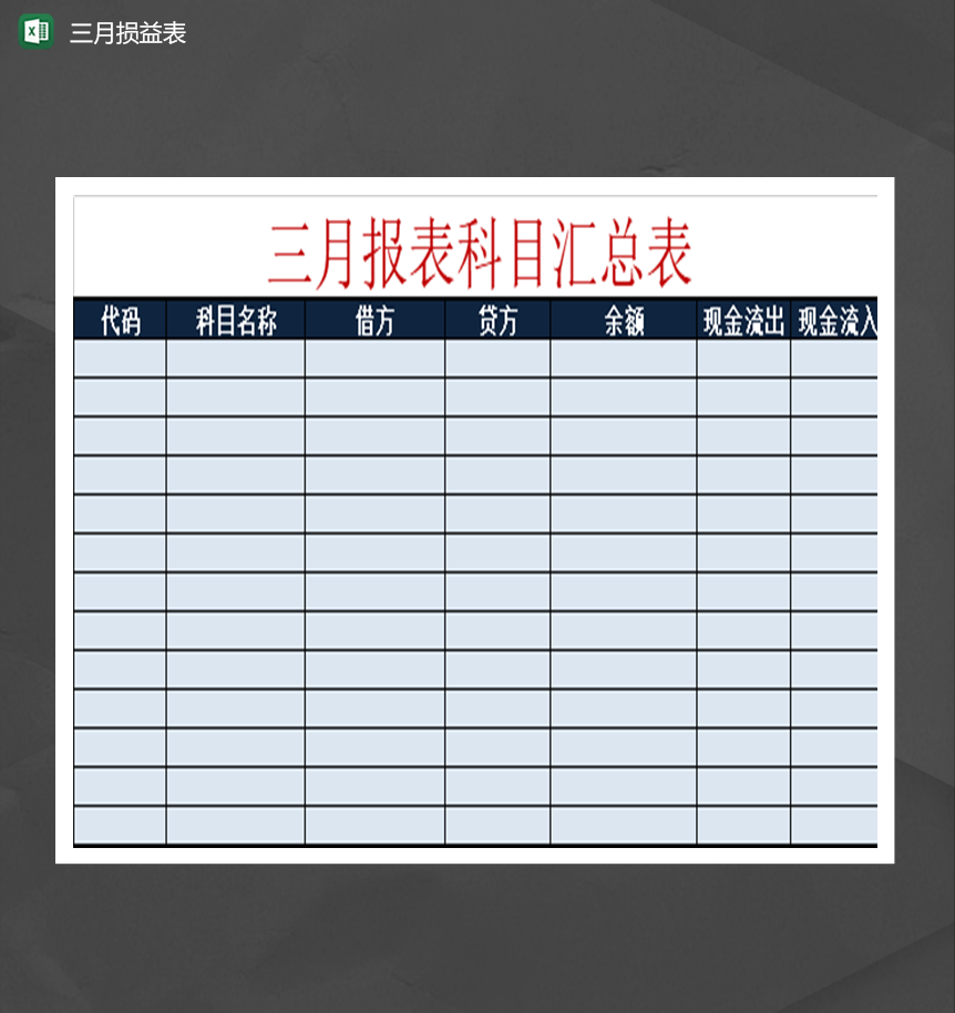 三月损益金额汇总明细表Excel模板-1