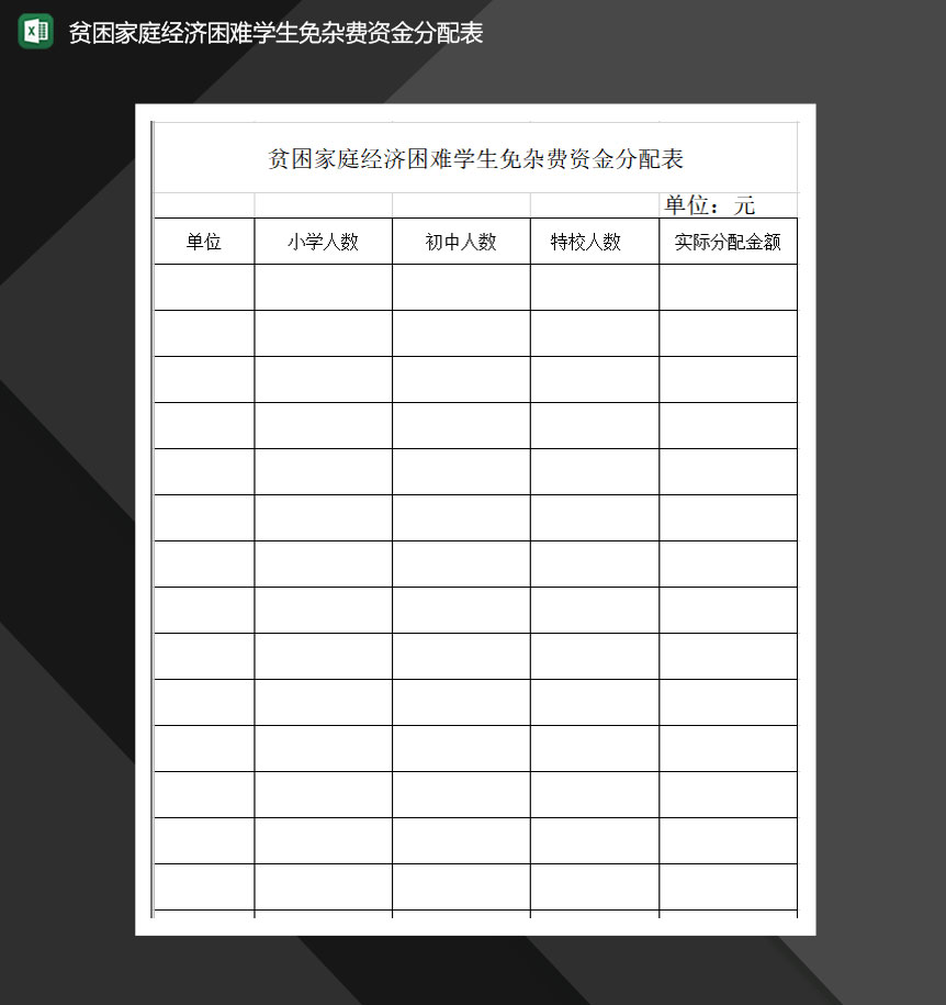 贫困家庭经济困难学生免杂费资金分配表Excel模板-1