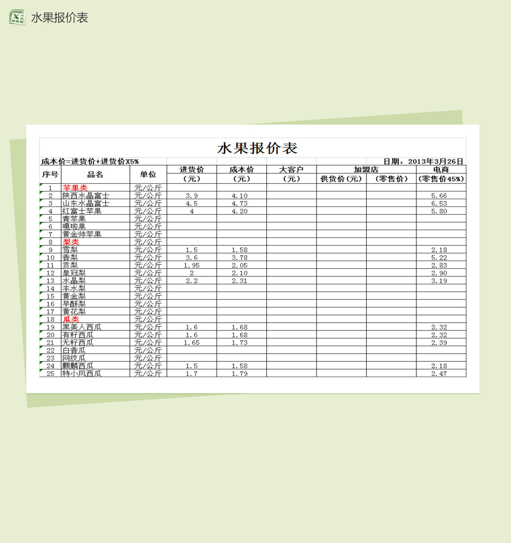 超市水果报价单Excel表格模板-1