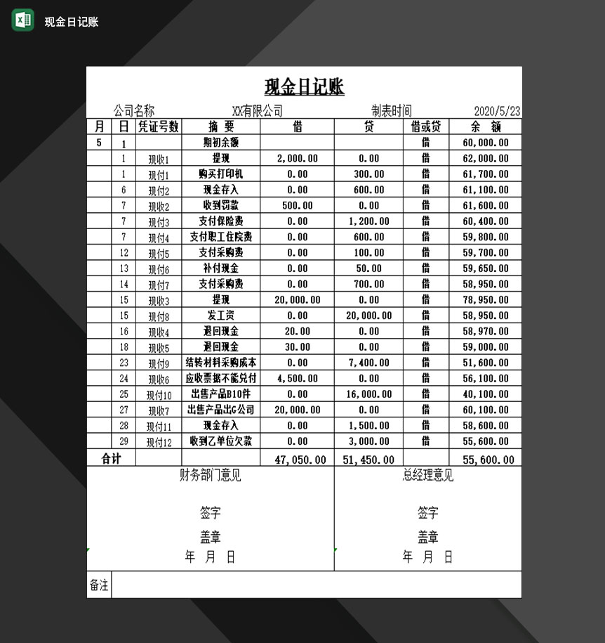 企业单位财务出纳现金日记账填写表格Excel模板-1