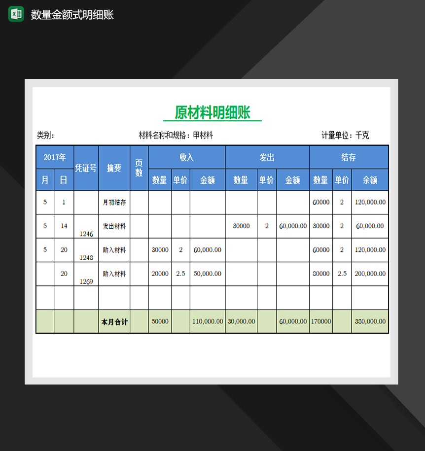 原材料数量金额式明细账财务管理表格制作Excel模板-1