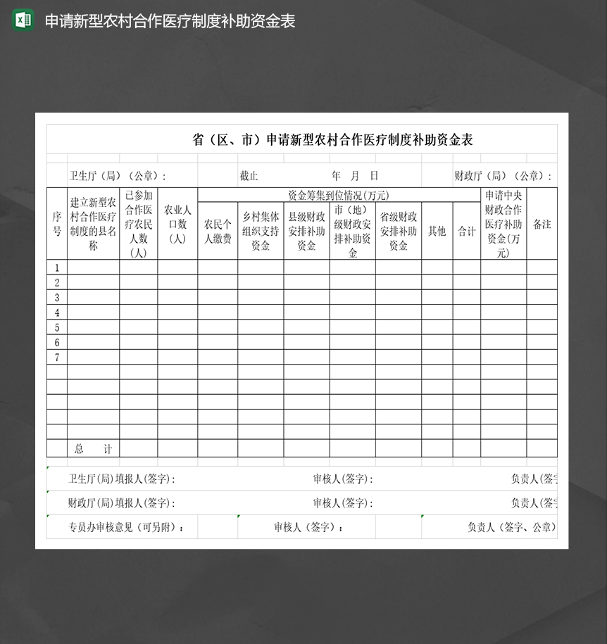 申请新型农村合作医疗制度补助资金表Excel模板-1