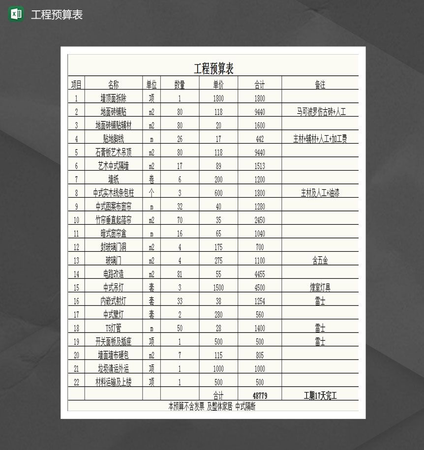 带公式工程项目预算表Excel模板-1