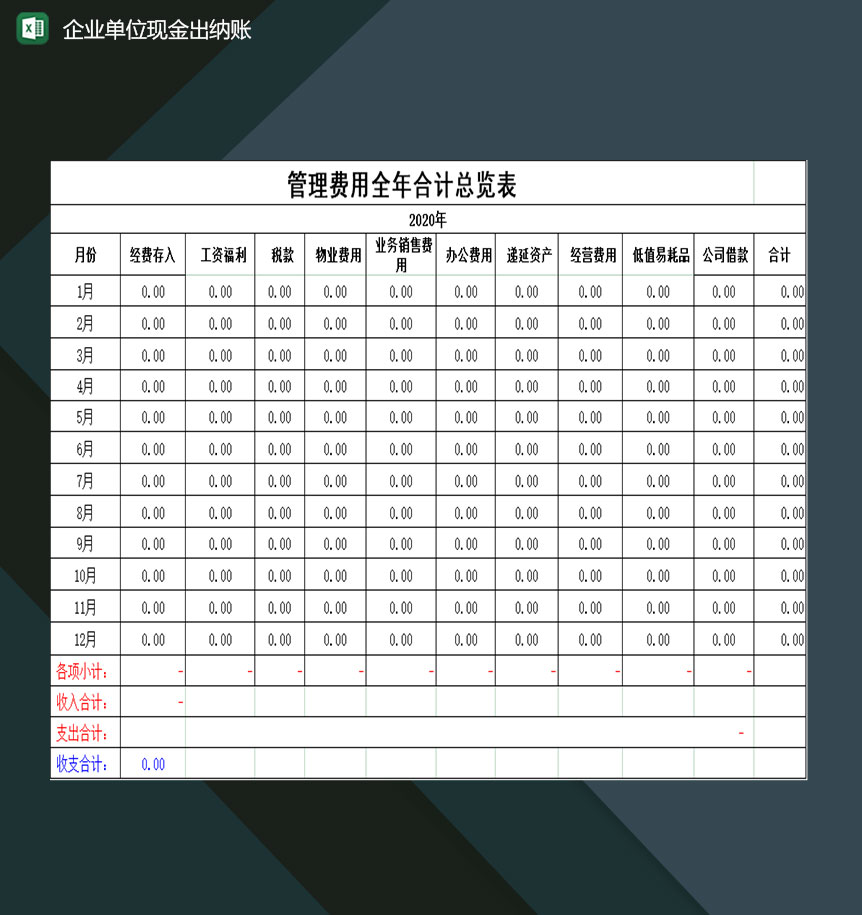 企业单位现金出纳账管理费用全年合计总览表Excel模板-1