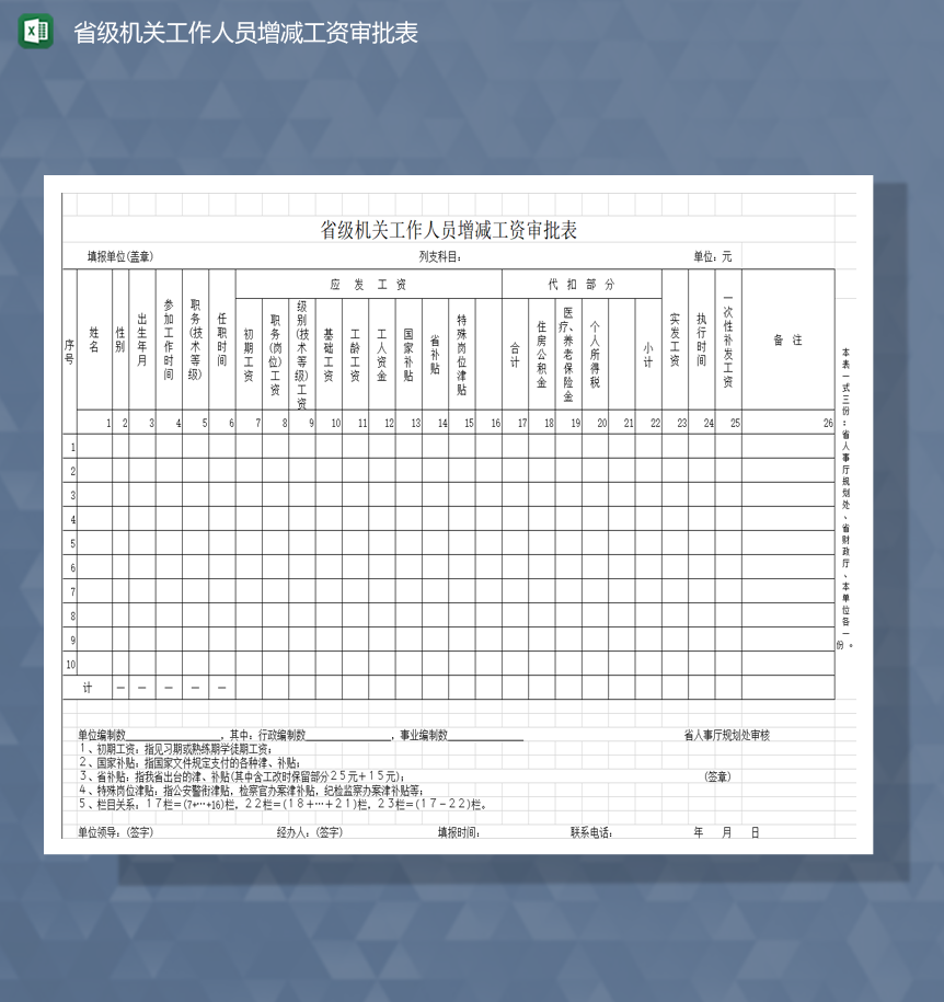 省级机关工作人员增减工资审批表Excel模板-1