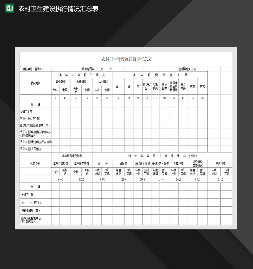 农村卫生建设执行情况汇总表Excel模板-1