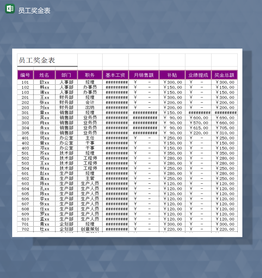 公司优秀员工奖励奖金详情报表Excel模板-1