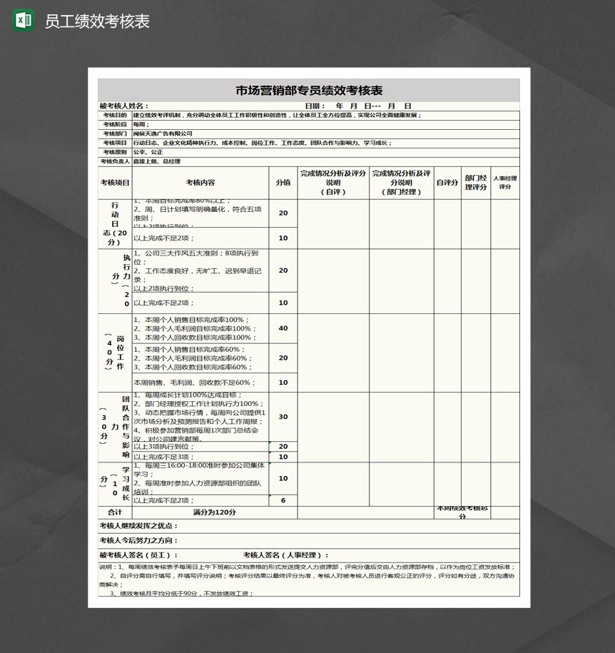 市场营销部专员绩效考核表Excel模板-1