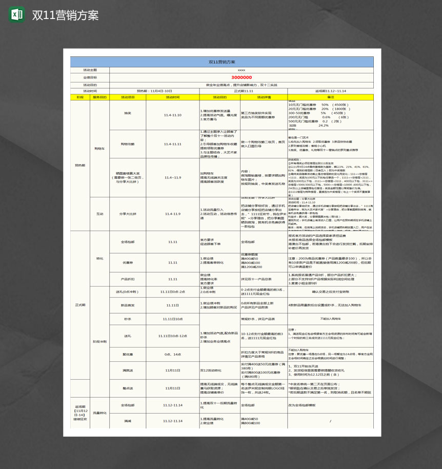 淘宝店铺双十一营销方案Excel模板-1