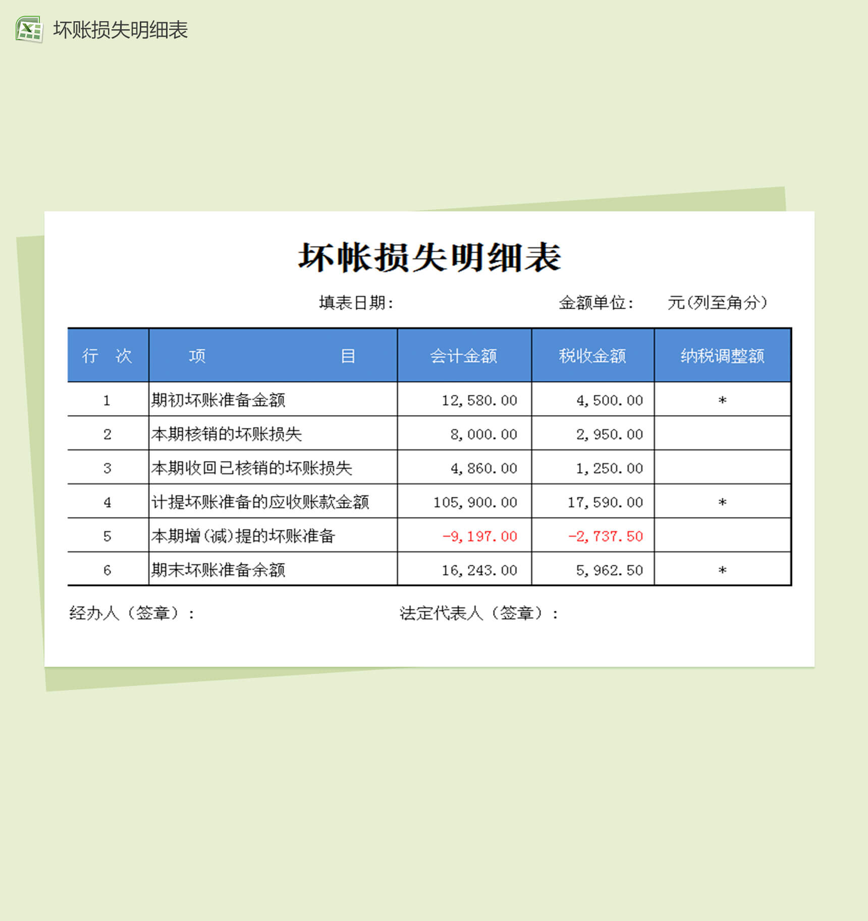 坏账损失明细表Excel表格模板-1