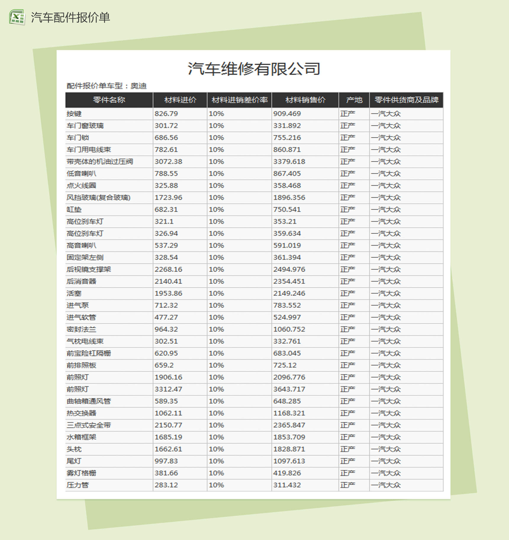 汽车维修有限公司配件报价单Excel表格模板-1