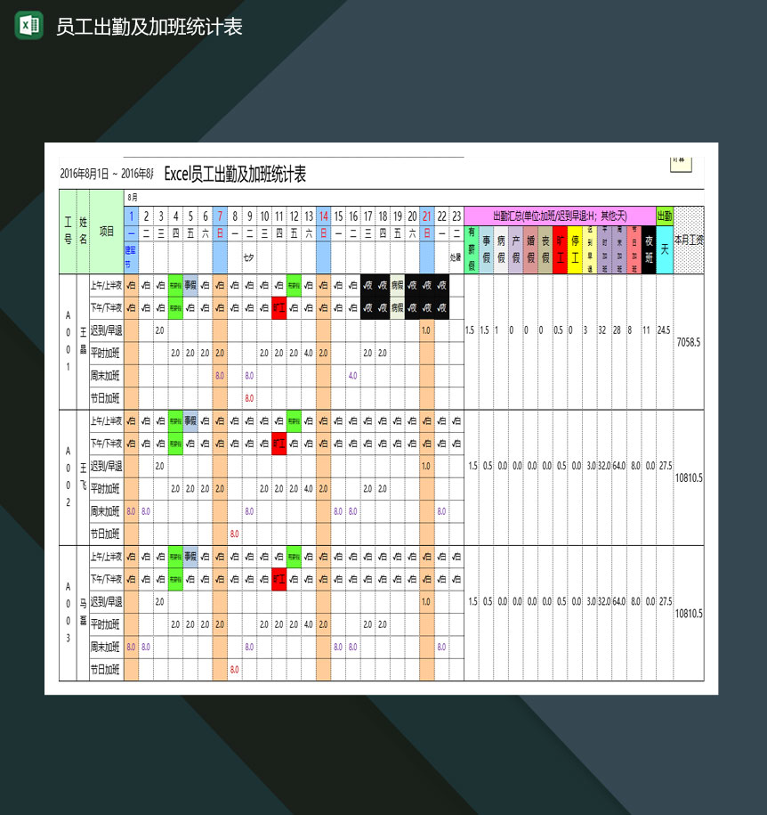 中小企业员工出勤及加班统计表Excel模板-1