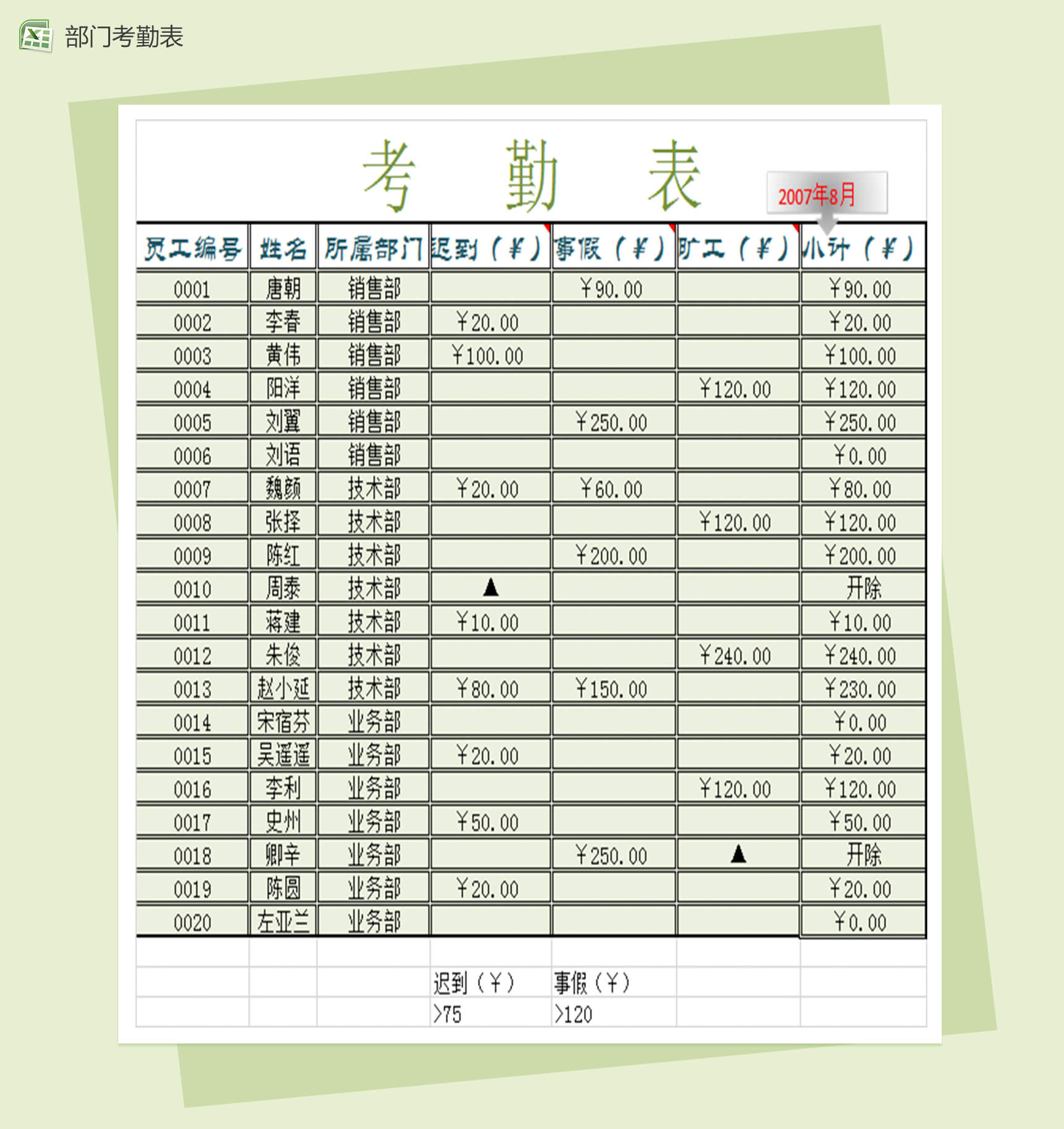 公司企业个部门考勤Excel表格模板-1