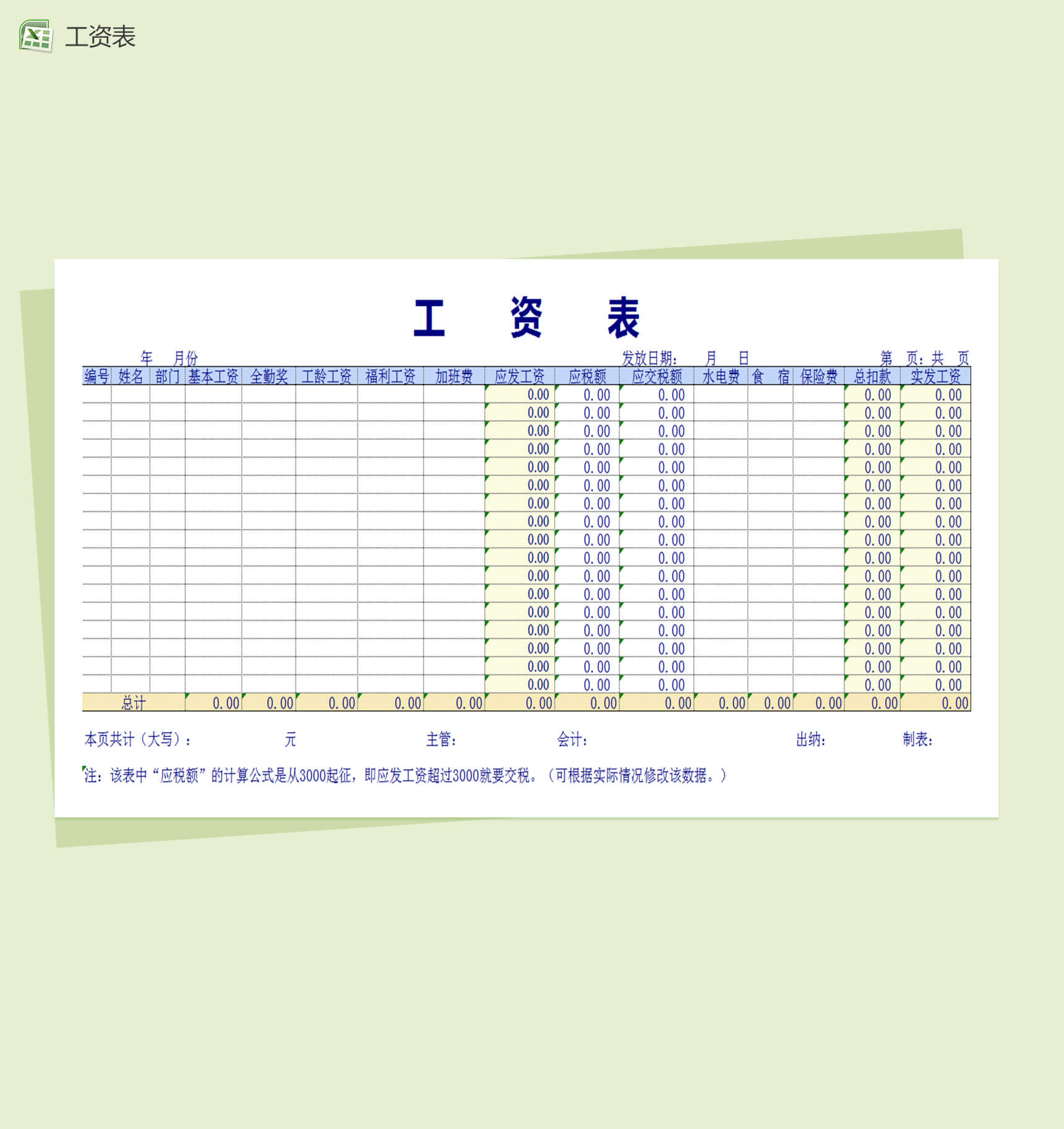 企业公司工资表Excel表格模板下载-1