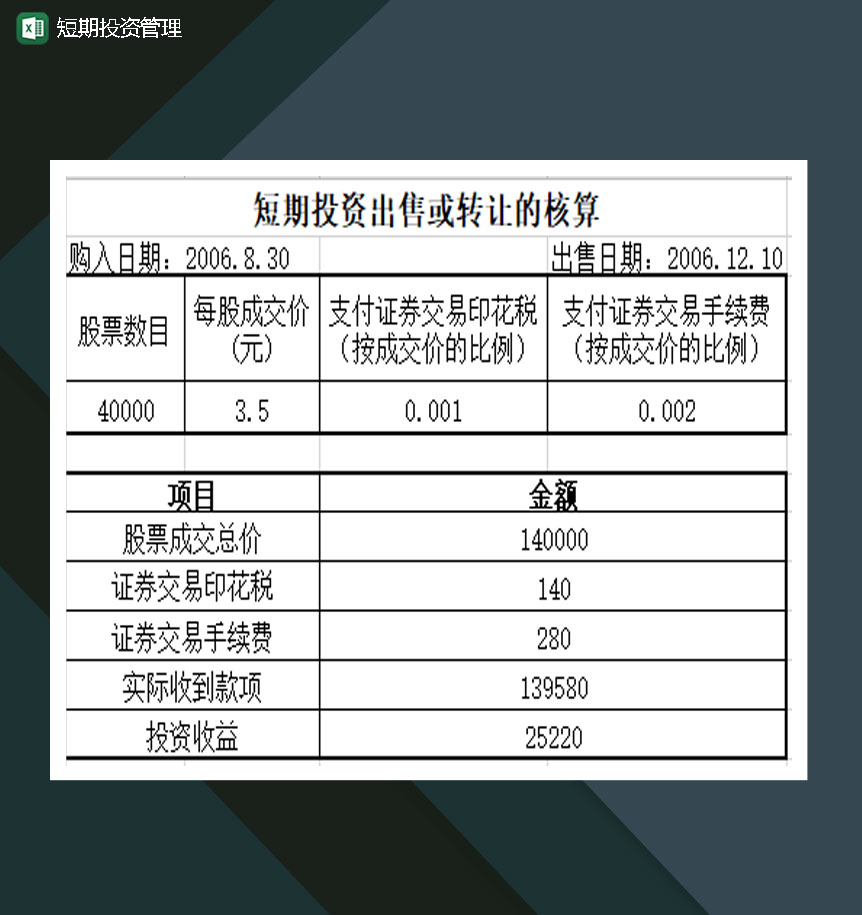 短期投资出售或转让的核算Excel模板-1