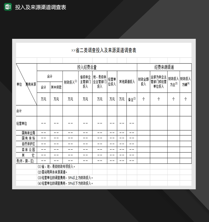 省二类调查投入及来源渠道调查表Excel模板-1