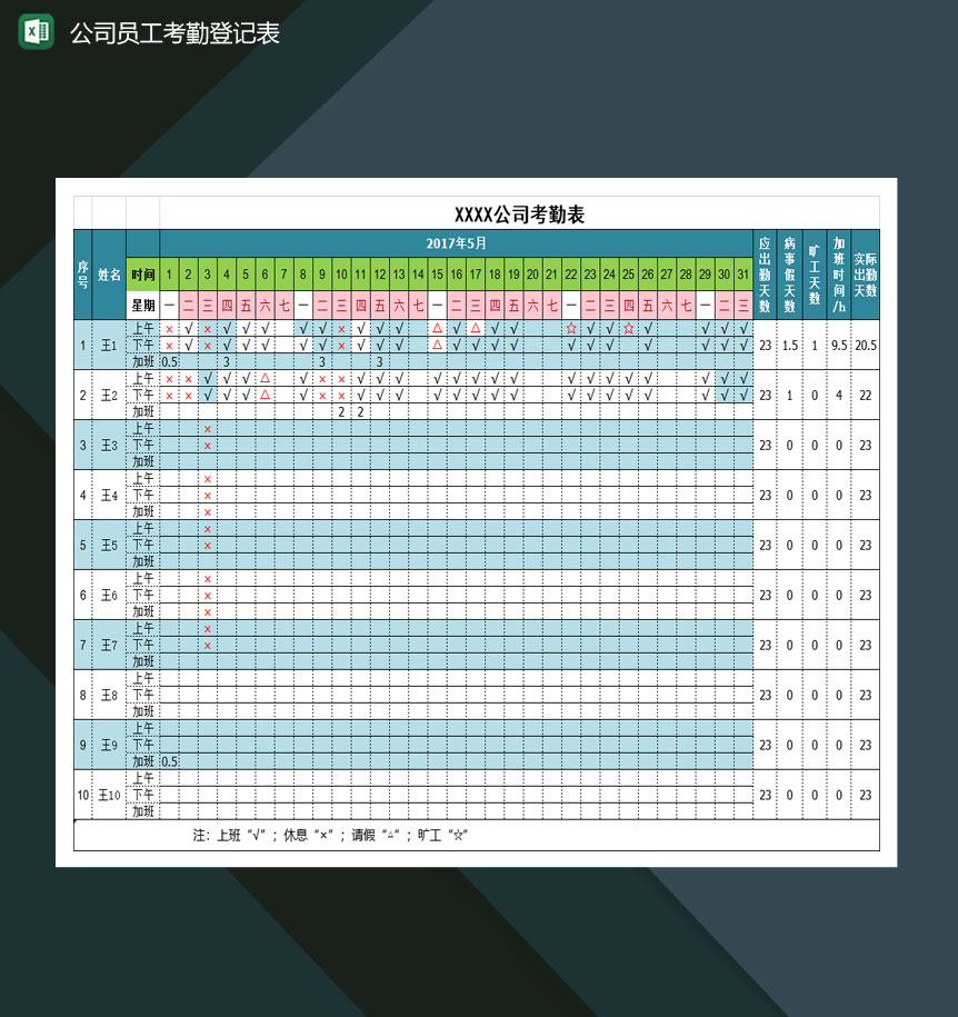 2020年5月某公司员工考勤登记表Excel模板-1