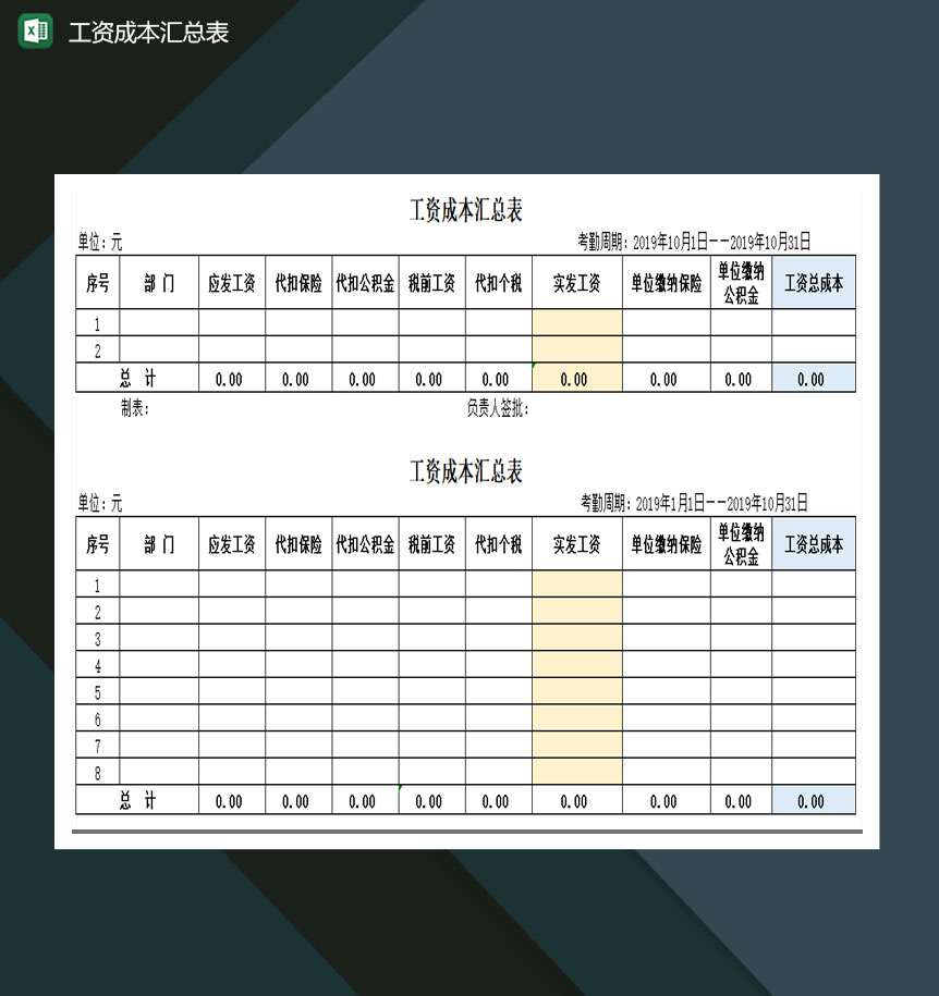 工资成本汇总表excel模板-1