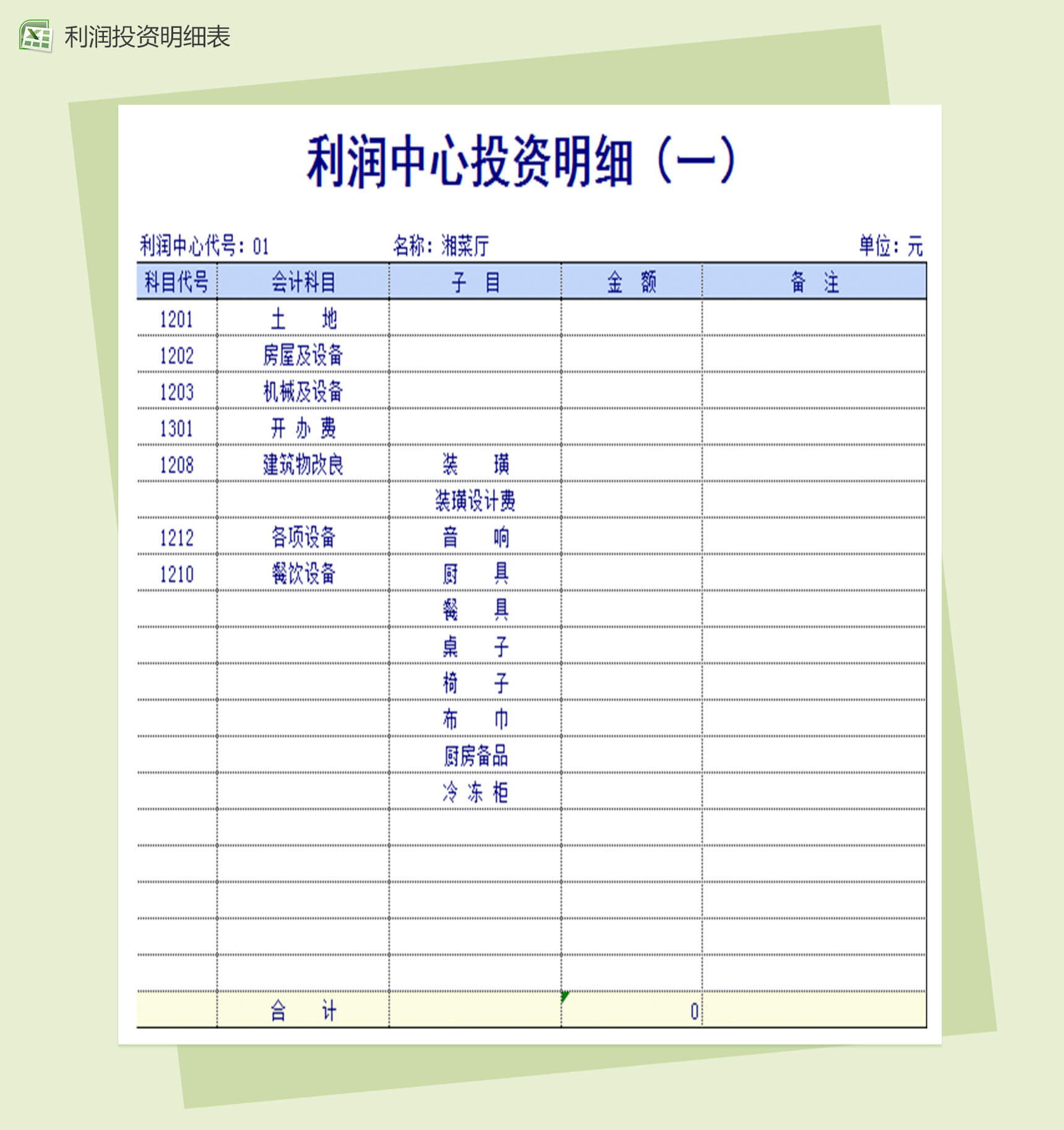 利润中心投资明细Excel表-1