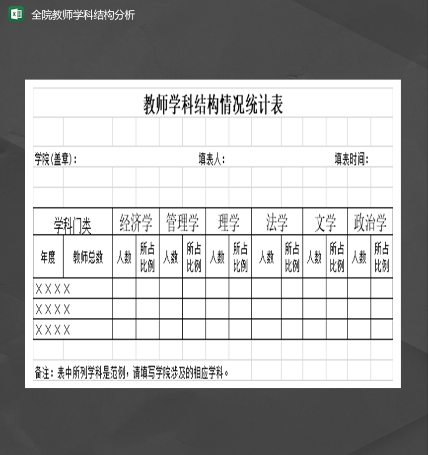 高校教师学科结构情况统计表Excel模板-1