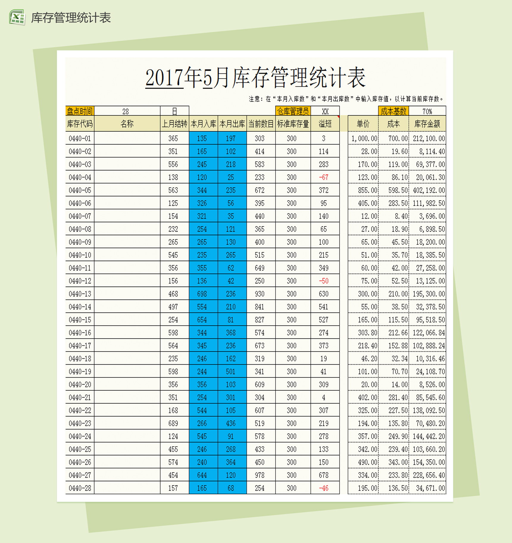 月度库存管理统计表Excel模板-1