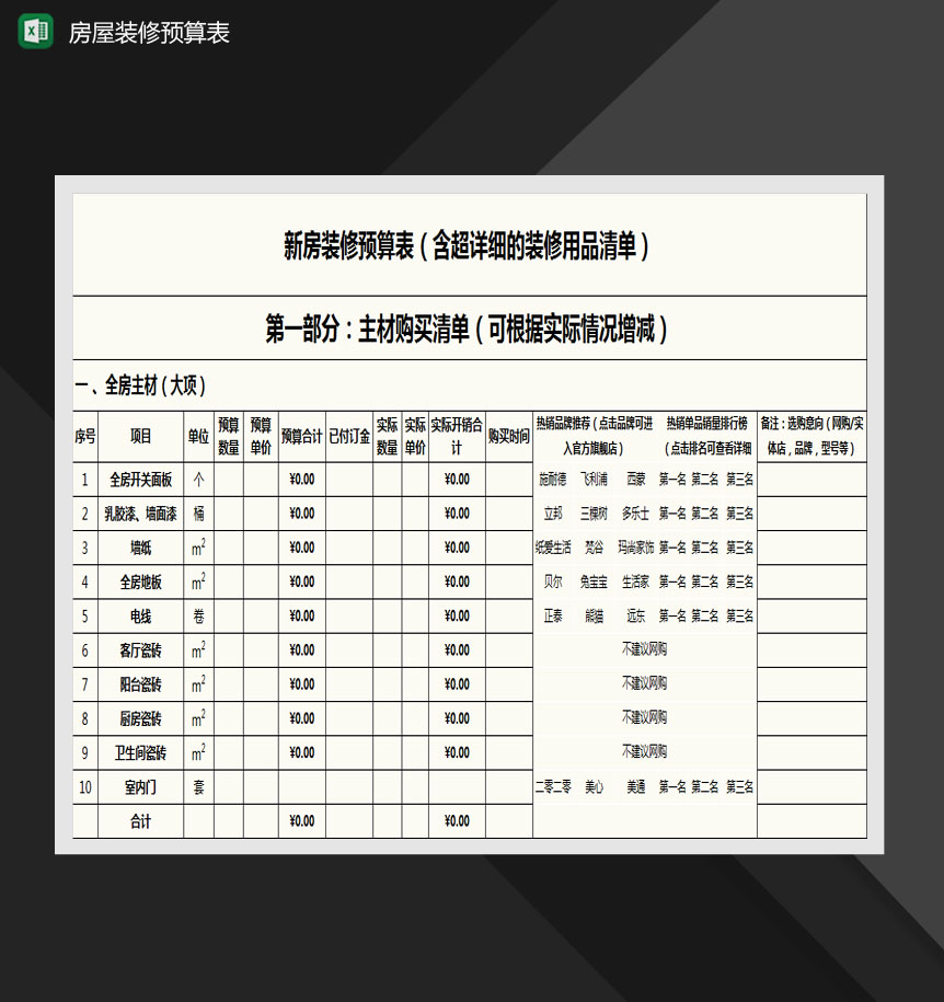 新房装修预算表Excel模板-1