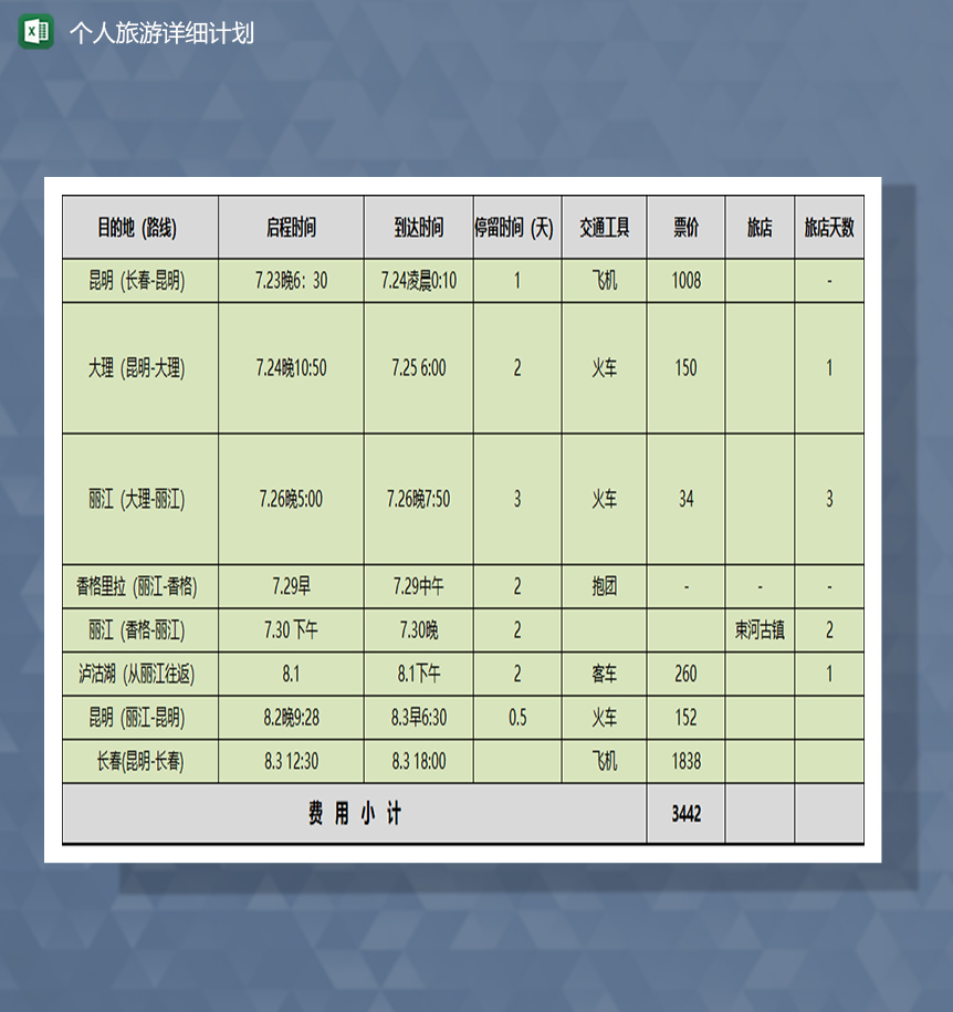 个人旅游详细计划清单Excel模板-1