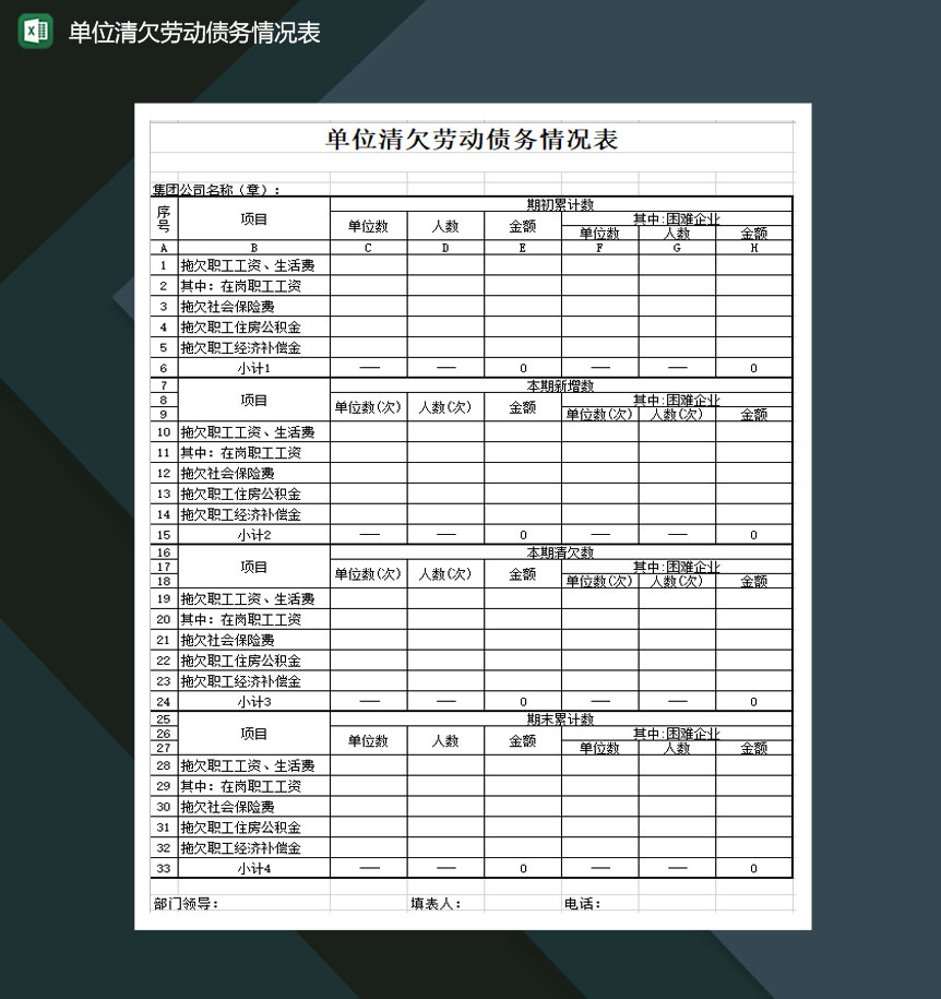 单位清欠劳动债务情况表Excel模板-1