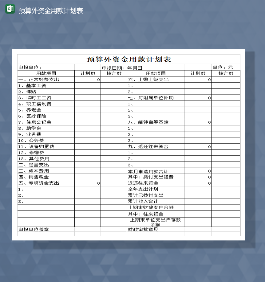 财务决算资产预算外资金用款计划表Excel模板-1