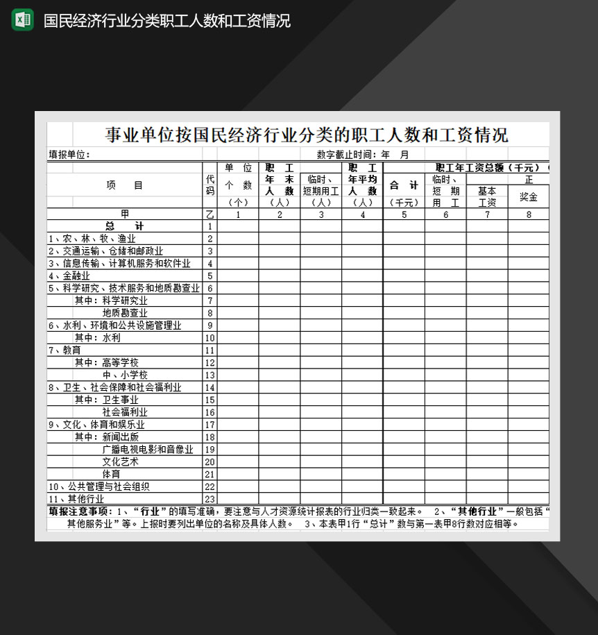 国民经济行业分类职工人数和工资情况Excel模板-1