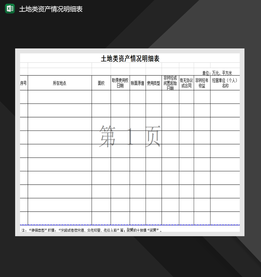 土地类资产情况明细表财务资产统计表Excel模板-1