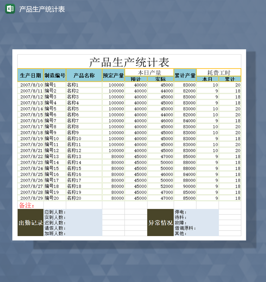 产品生产统计表生产日报表Excel模板-1