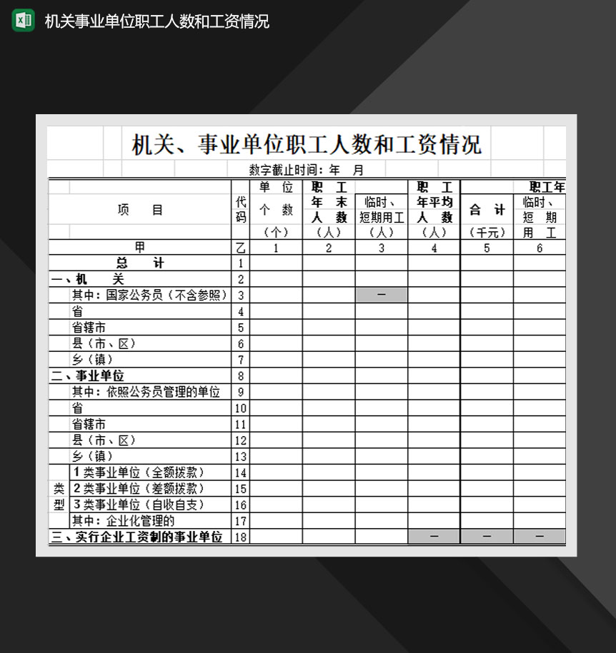 机关事业单位职工人数和工资情况Excel模板-1