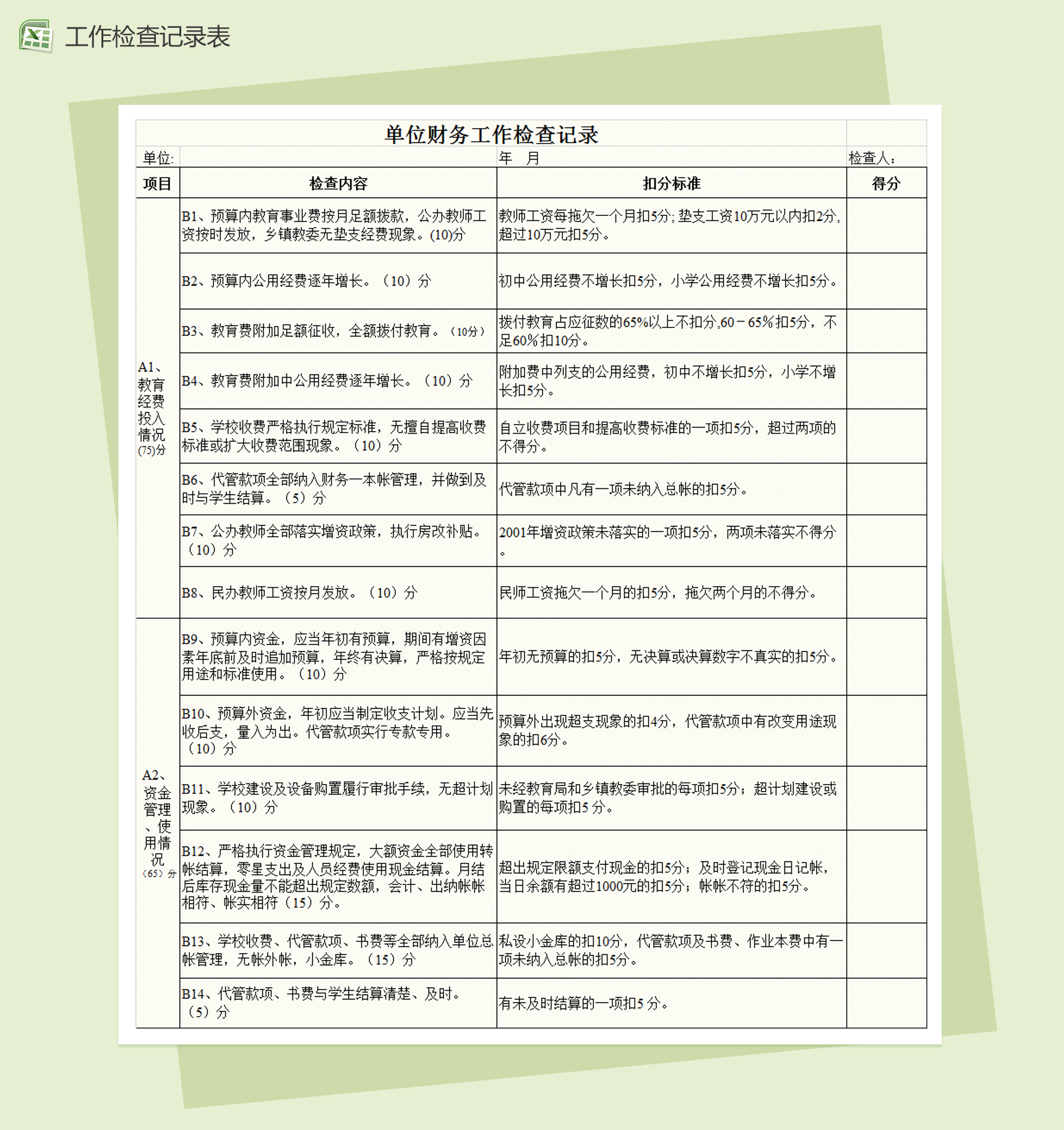 单位财务工作检查记录登记表Excel模板-1