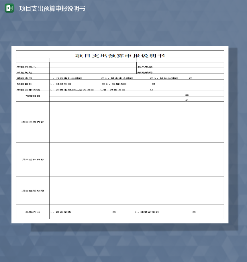 项目支出预算申报说明书Excel 模板-1