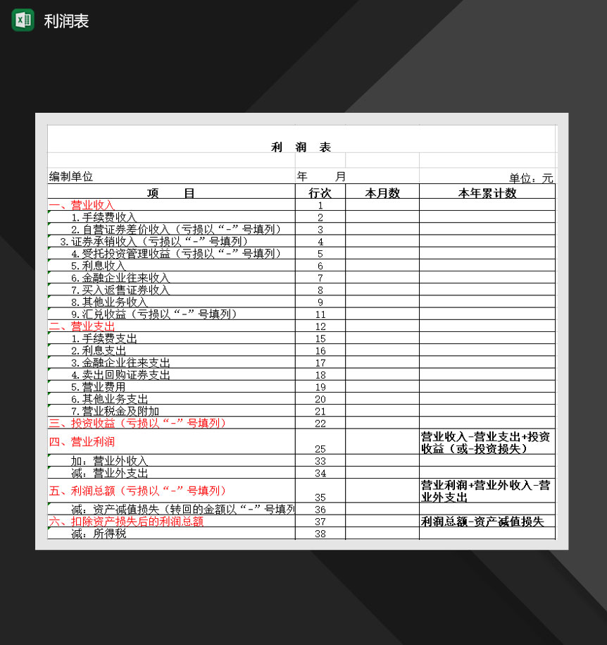 营业收入利润财务报表Excel模板-1