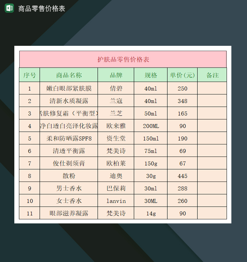 护肤品商品零售价格明细表Excel模板-1