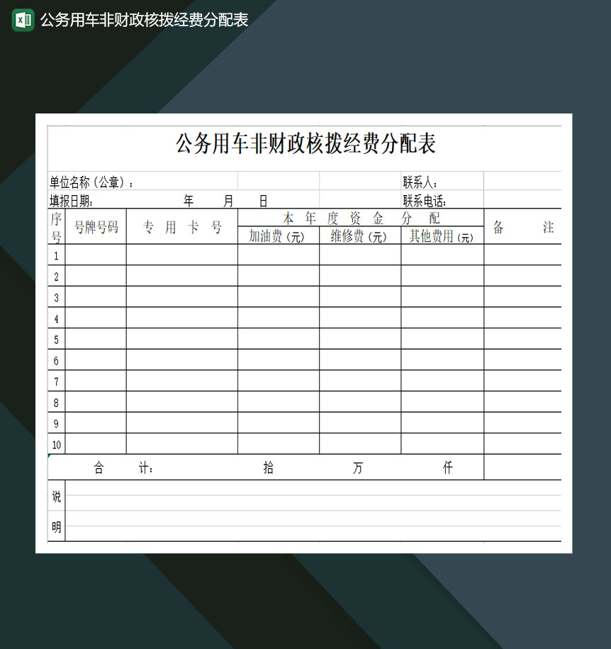 公务用车非财政核拨经费分配表Excel模板-1