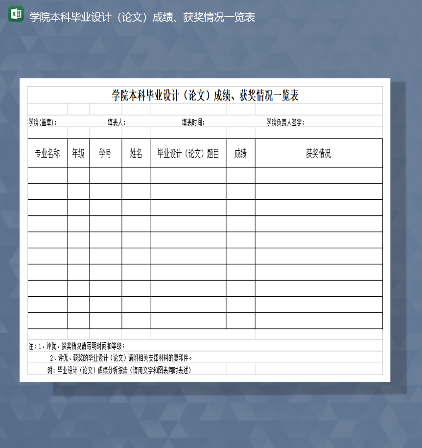 学院本科毕业设计论文成绩获奖情况一览表Excel模板-1