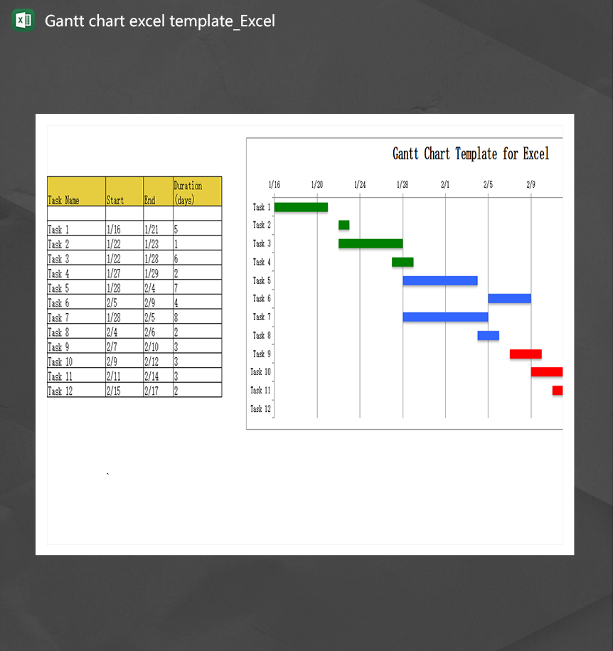 任务项目统计Gantt chart excel template英文版本甘特图Excel模板-1