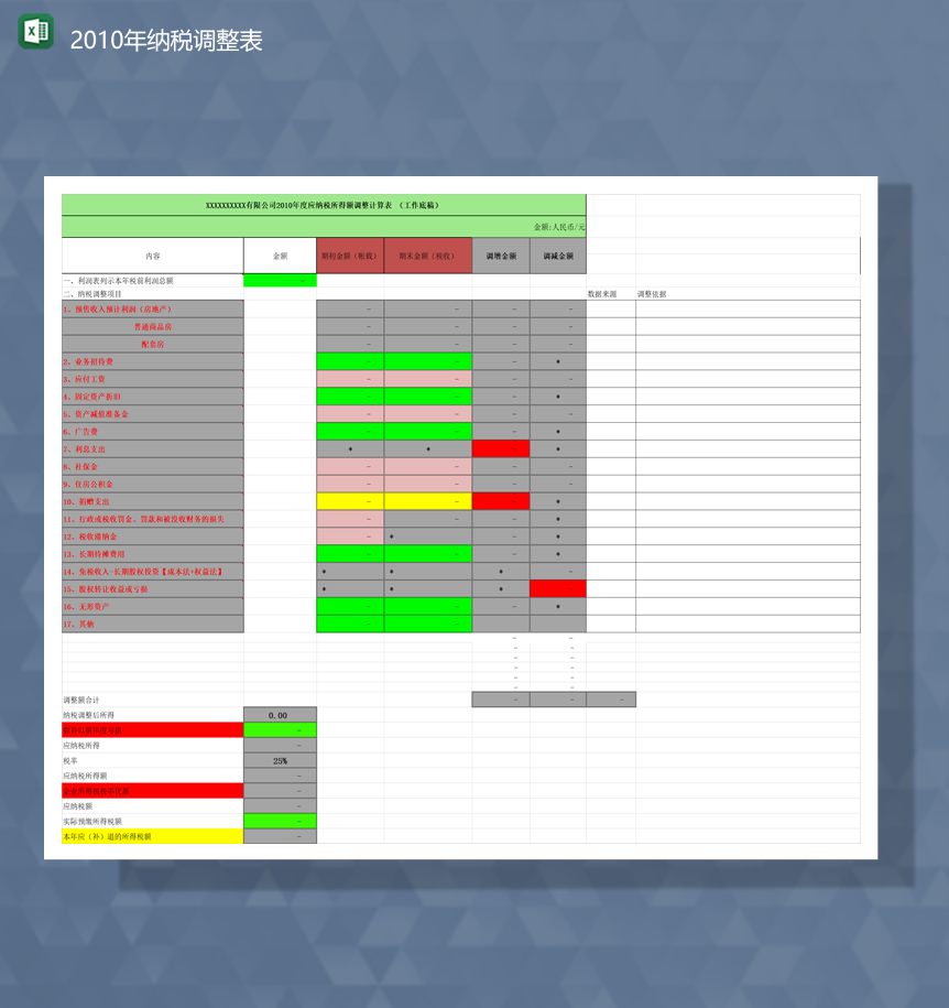 有限公司2020年度应纳税所得额调整计算表工作底稿Excel模板-1