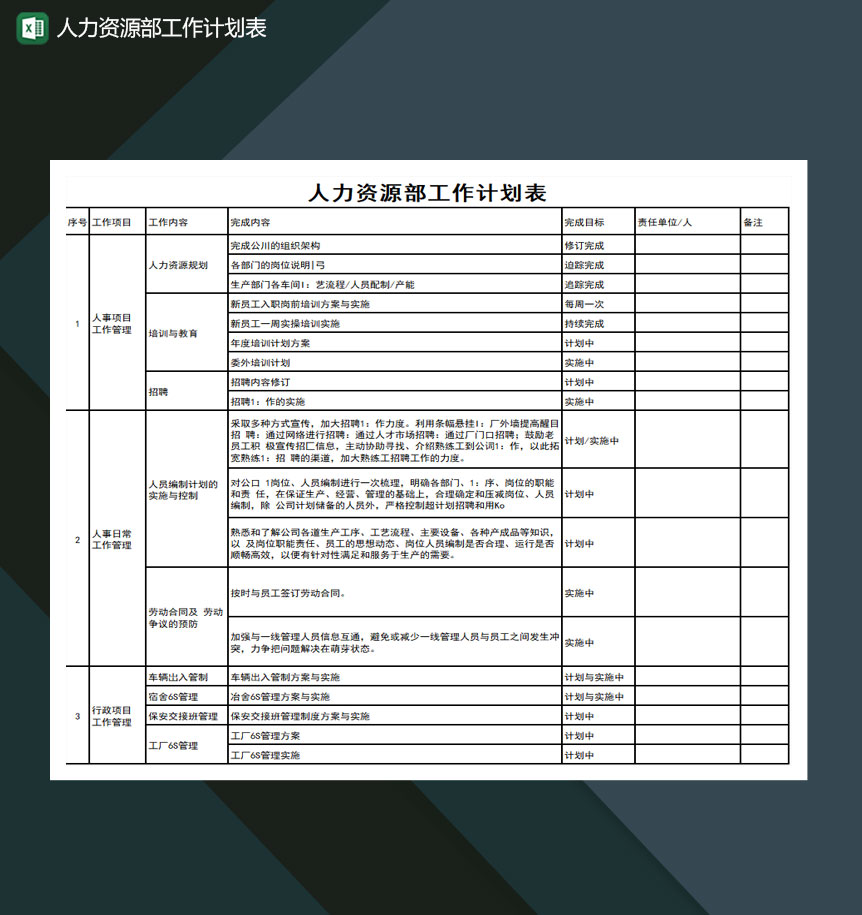 人力资源部工作计划表Excel模板-1