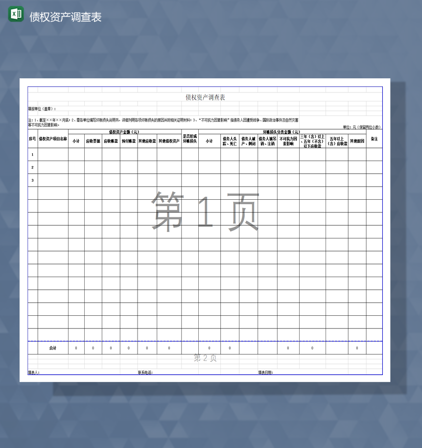 债权资产债务财务详情调查表Excel模板-1